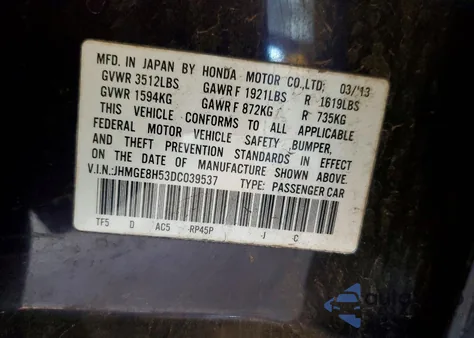 2013 Honda Fit Sport from USA, damaged, VIN JHMGE8H53DC039537